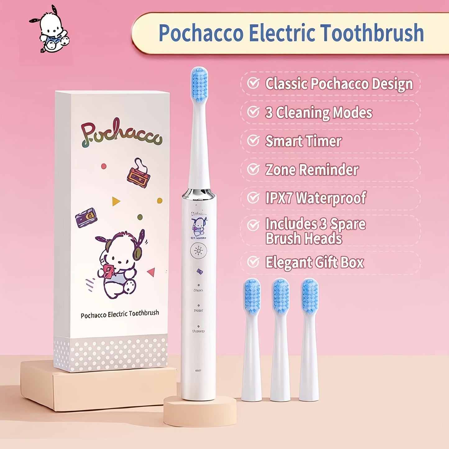 Electric Toothbrush Sanrio Hello Kitty or Pochacco Style with Four Modes, Four Levels and Three Brush Heads