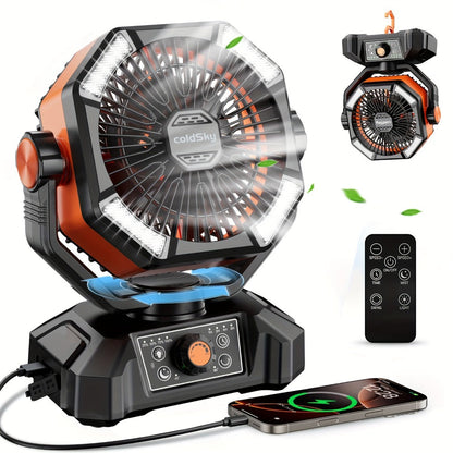 Battery Powered Camping Fan 20000mAh - 8-Speed Dual Motor Desk Fan with 4 LED Lanterns, Hook & Remote Control | Portable Outdoor Fan for Tent, Power Outage & Construction Site | Green, Black & Orange