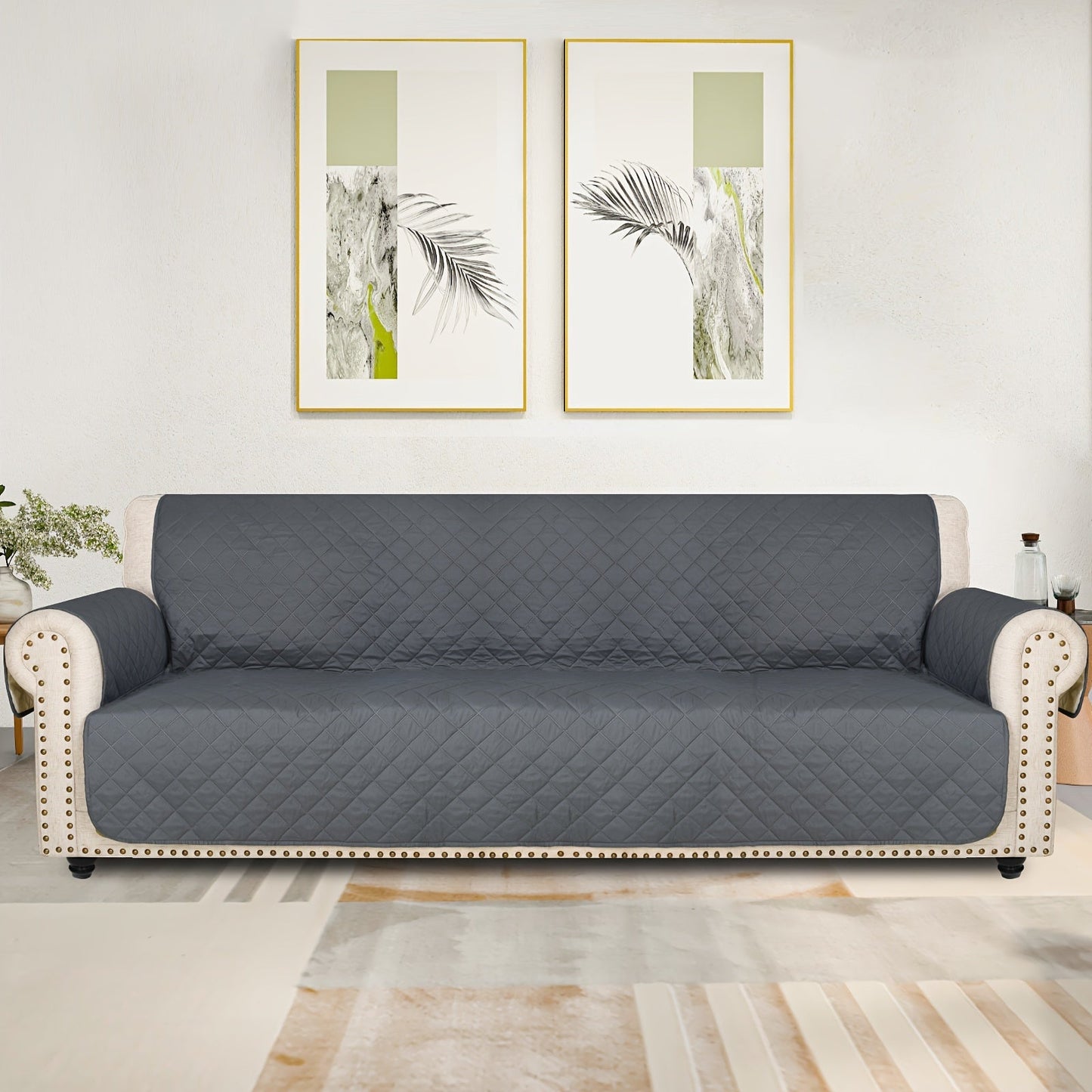 Sofa Cover Five-Layer Quilted Microfiber Protector with Elastic Strap and Foam Anchors for 3 or 4 Seats