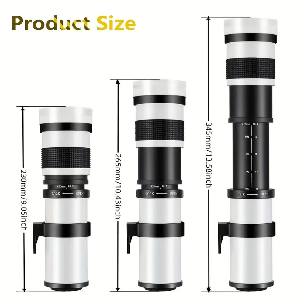 420-800mm F8.3-16 Telephoto Zoom Lens Manual Focus with T-Mount Adapter for Canon Nikon Sony Moon Wildlife Bird Photography Full Frame
