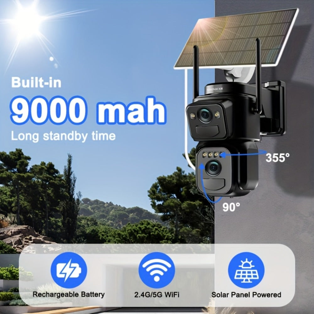 Solar Security Camera 2K WiFi Outdoor - 10x Optical Zoom, 360° Pan Tilt PTZ, IP66 Waterproof, Color Night Vision, Spotlight Alarm, Motion Detection, Two-Way Audio, No Wiring CCTV (QW8-WIFI)