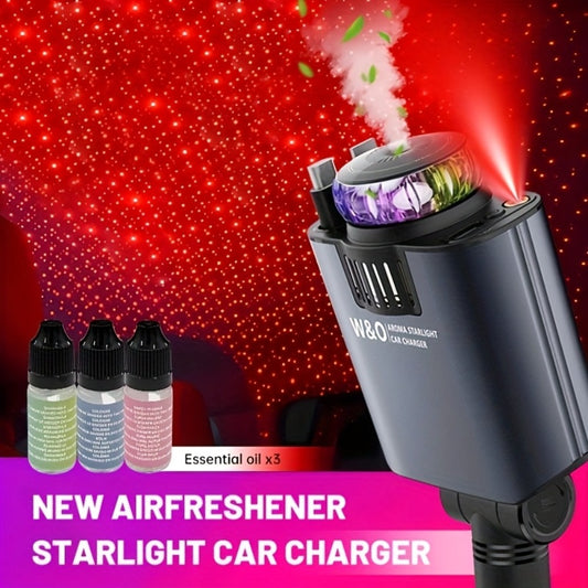 3-in-1 Car Charger Perfume Diffuser with Starry Sky Ambient Light – Retractable Cable for iPhone & Samsung, 3 Scents, 36V Compatible, Car Interior Gift