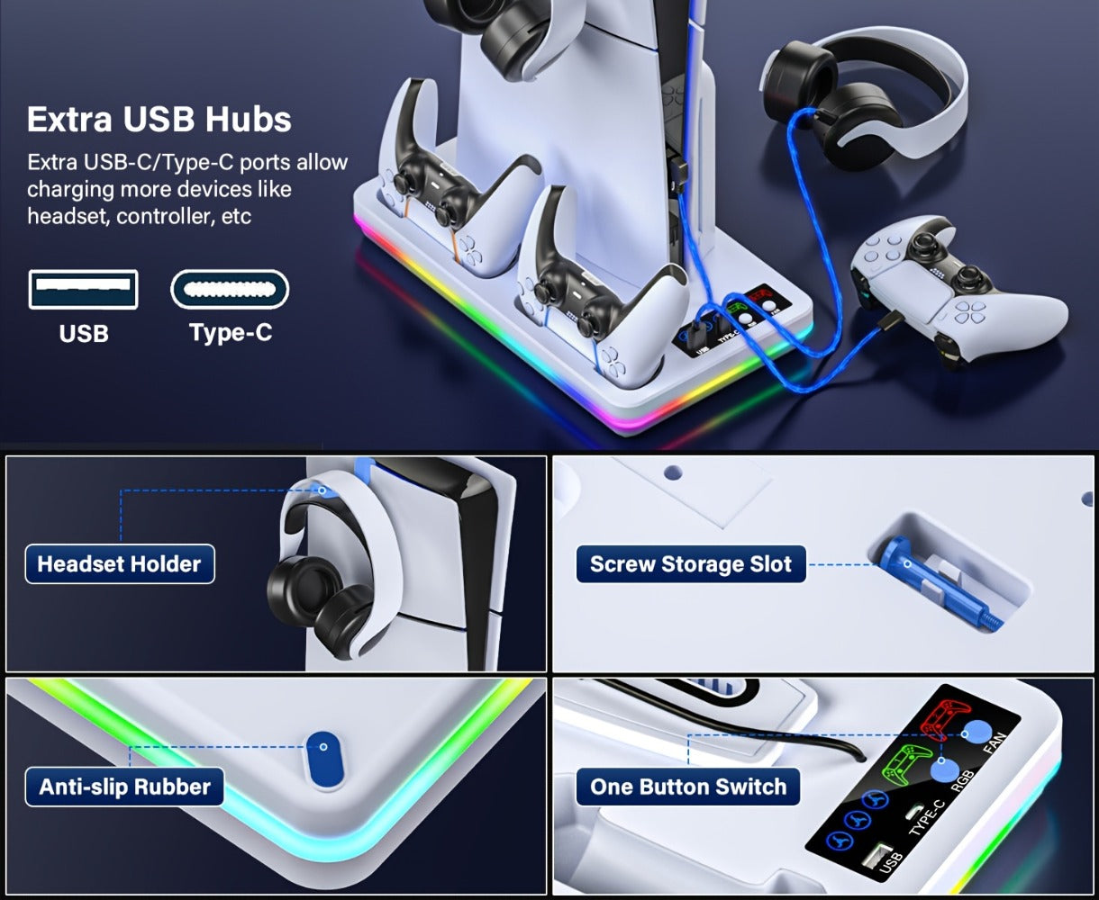 RGB Console Stand Compatible with PS5, Slim and Pro Models, Three-Speed Fan and Dual Controller Charging Dock