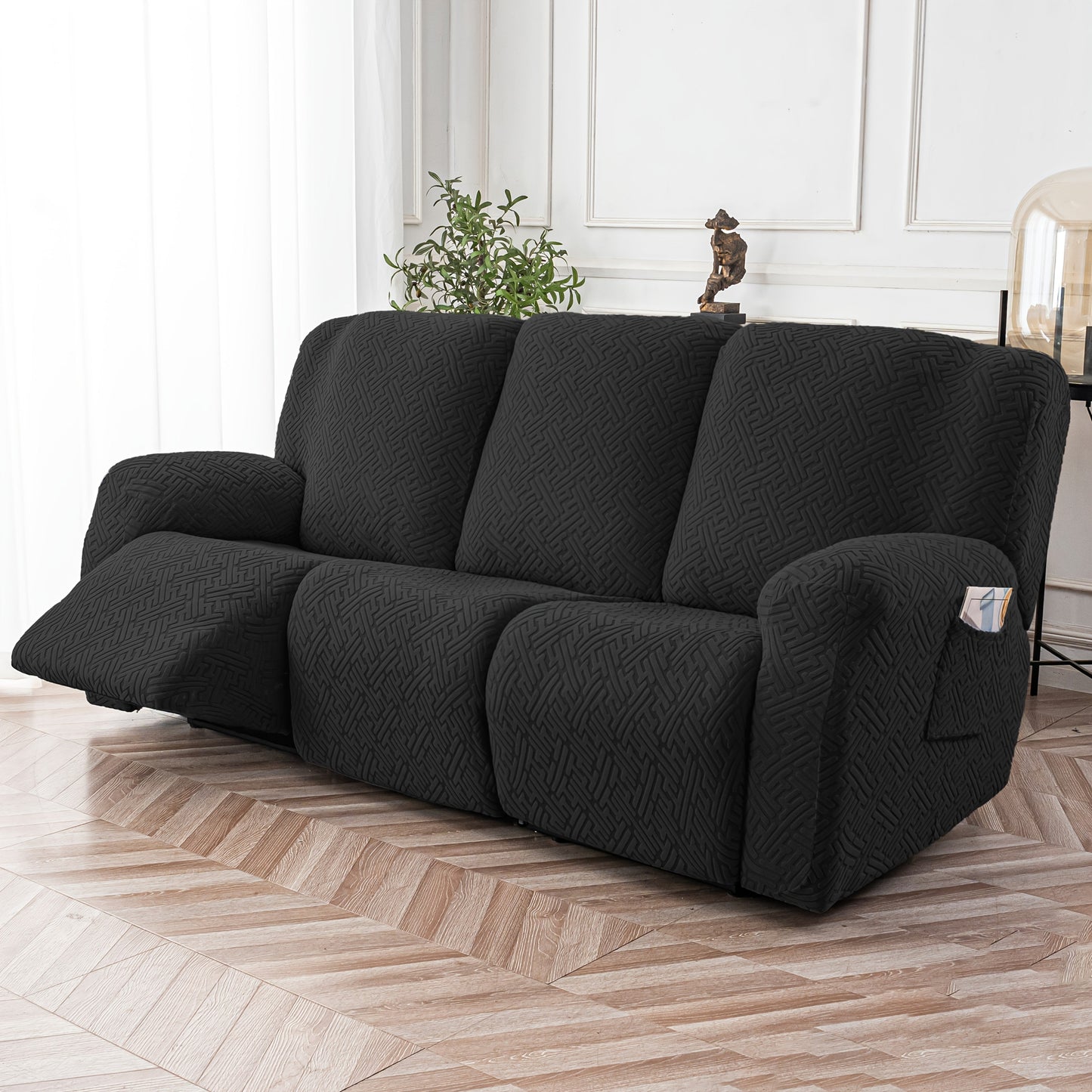 Slipcover Set, Eight-Piece Jacquard Stretch Cover for Three-Seat Recliner with Side Pocket in Nine Colors