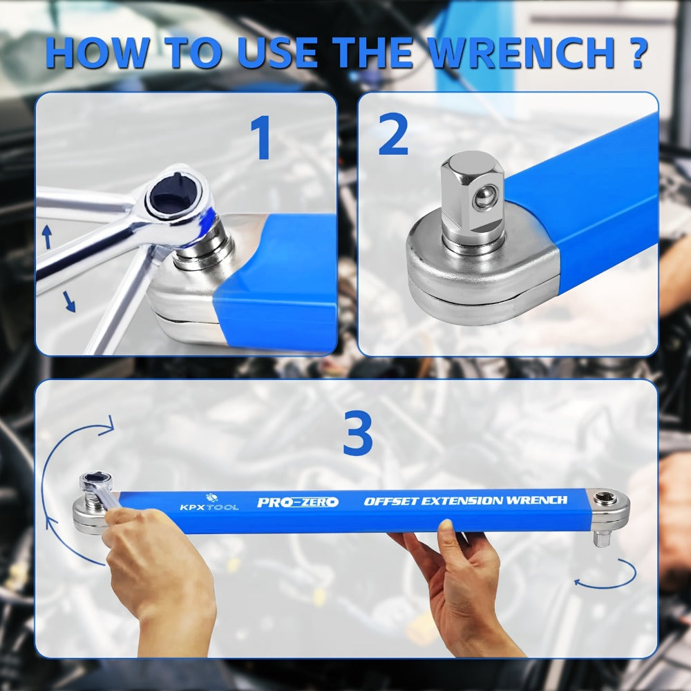 Ratchet Wrench Set 2-in-1 Multi-Function Offset Extension | 1/2" 1/4" 3/8" Square Head Adapters | 180° Swivel High Torque Non-Slip Handle | Durable Metal Automotive Repair Hand Tool