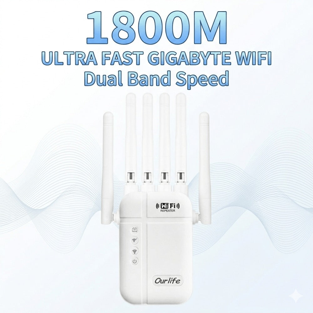 WiFi Range Extender Ourlife 1800Mbps WiFi 6 Dual-Band with Six Antennas, WPS Control and Ethernet Port