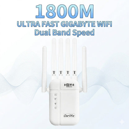 WiFi Range Extender Ourlife 1800Mbps WiFi 6 Dual-Band with Six Antennas, WPS Control and Ethernet Port