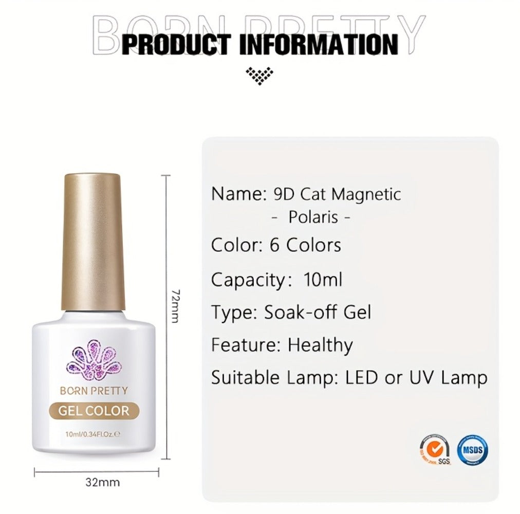 Gel Nail Polish 6-Color 9D Polaris Magnetic Set with Six 10ml Glass-Water-Light Shades for Nail Art