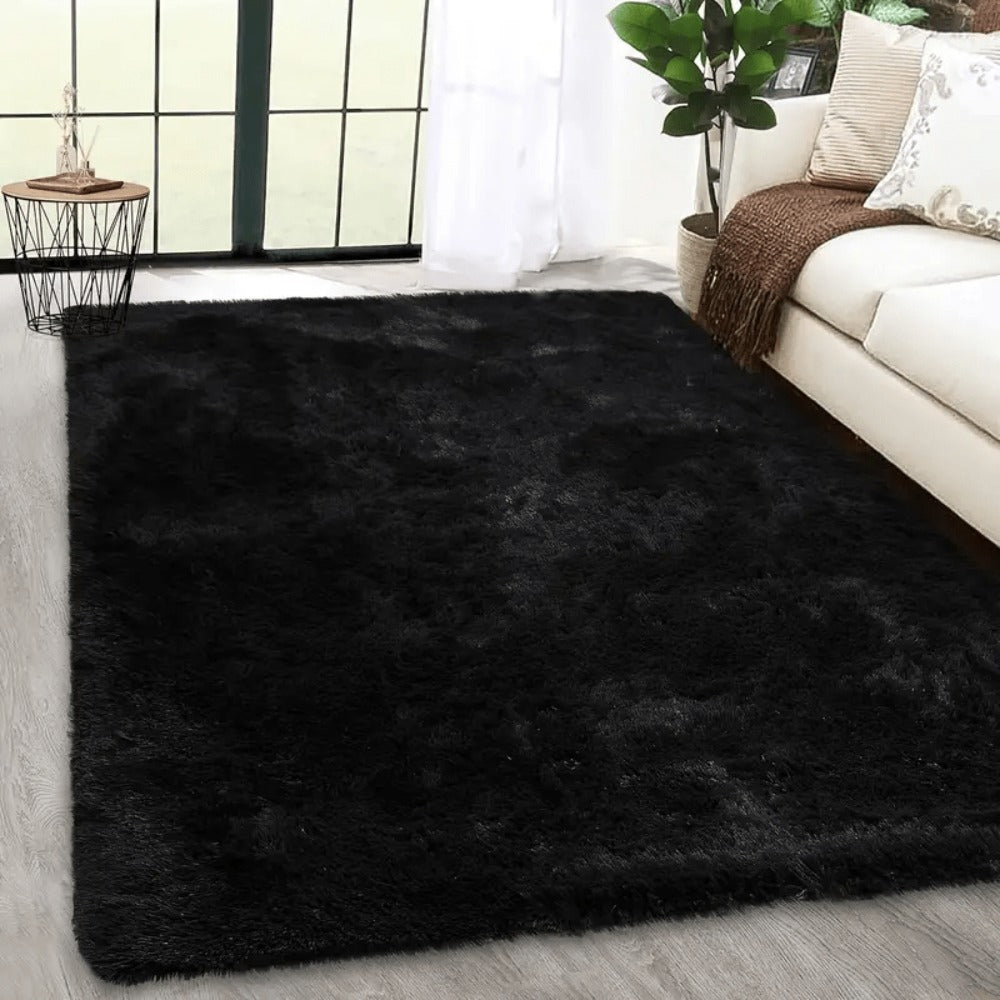 Area Rug, Black Rectangular Shaggy Microfiber Style in 4x6, 5x8, 6x9 or 8x10 Feet with Machine-Wash Care
