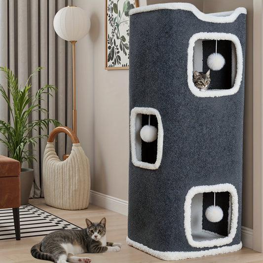 Cat Tree Tower Multi-Level Foldable Cat Condo for Indoor Cats - Scratch-Resistant Carpet, Hanging Bell Ball, Cozy Top Bed, Sturdy Frame Cat House with Multiple Entrances, 1 3 4 Tier Options for Kittens & Adults