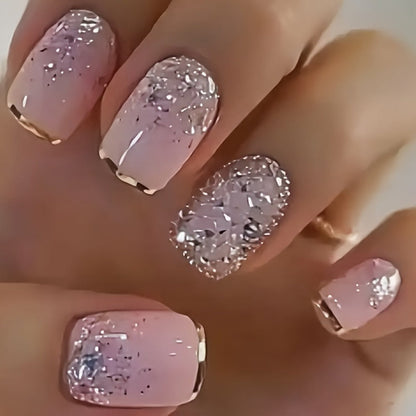 Press On Nails 216-Piece Soft Gel Short Square Set with French, Gradient, Glitter and Heart Designs