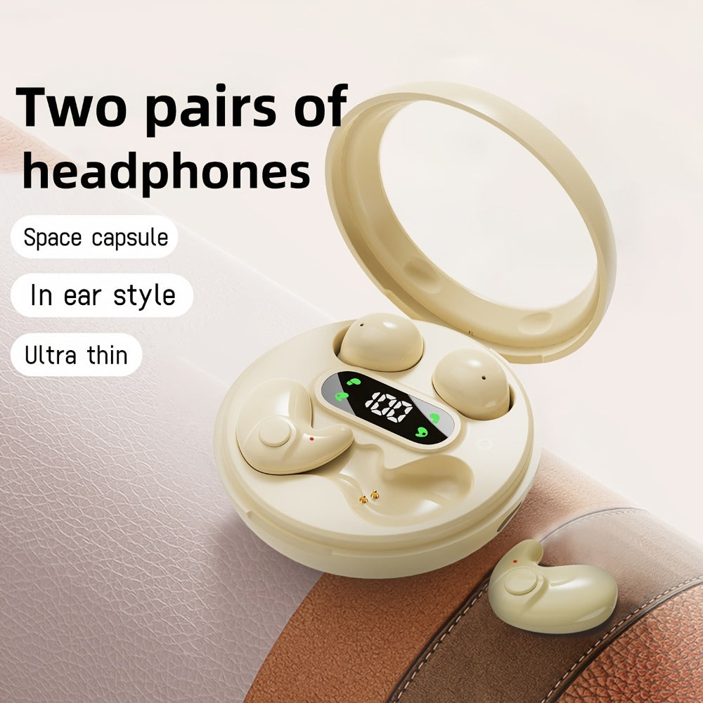 Invisible Sleep Wireless Earbuds 2 Pairs, Mini In-Ear Earphones HiFi Sound Noise Reduction Bass Touch Control Digital Display Long Battery Type-C, for Office Leisure Sport Sleep Men Women