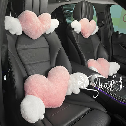 Car Headrest Neck Pillow Heart Shape with Angel Wings – Cute Plush Lumbar Cushion & Seat Back Pillow, Car Interior Decor Accessory, Gift for Women