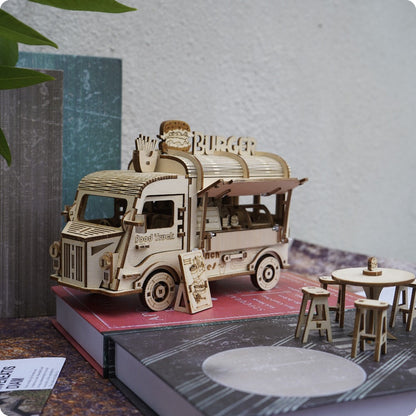 Wooden Food Truck 3D Puzzle Model Kit with Burger Stand Body, Miniature Tables and Pictured 21.5 cm Length