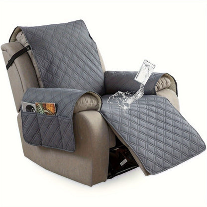 Quilted One-Piece Recliner Chair Cover with Side Pockets, Back Buckle Strap and 11 Color Options