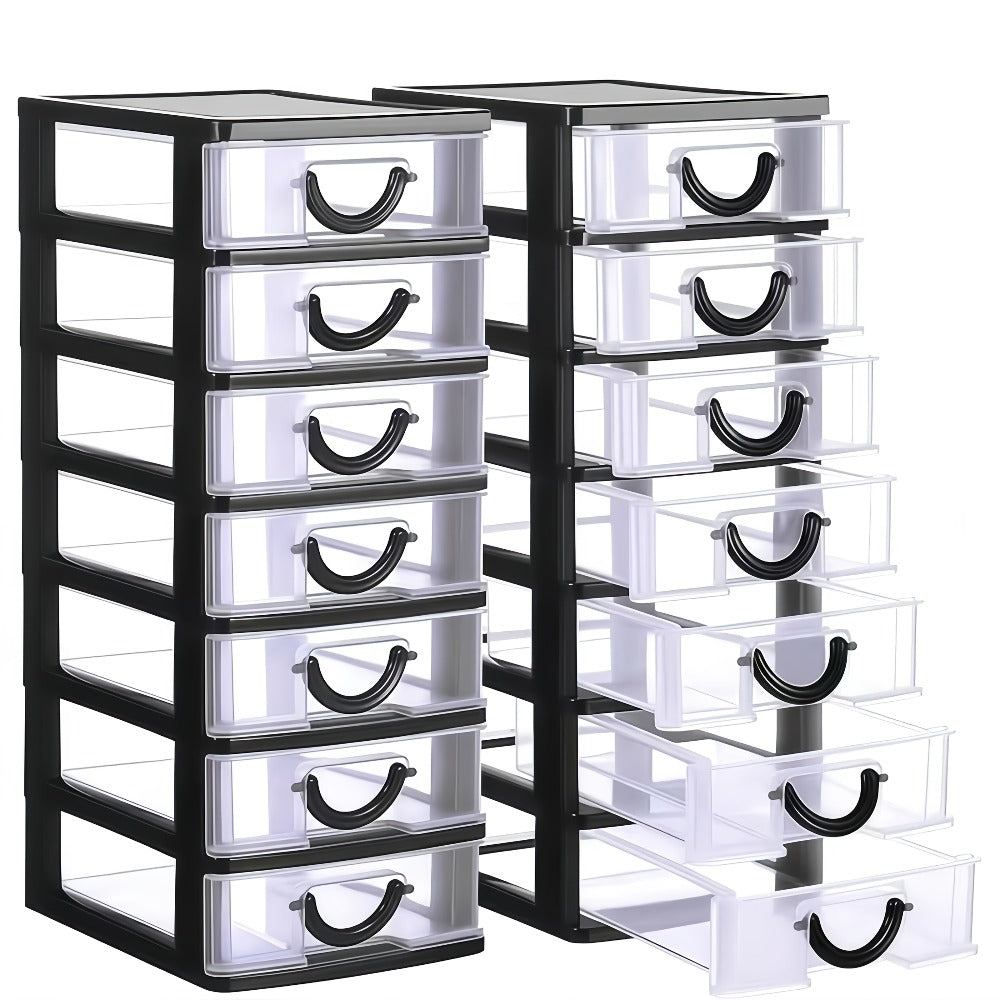 Seven-Drawer Desktop Organizer in Black or White, One- or Two-Piece Set with Clear Front Drawers