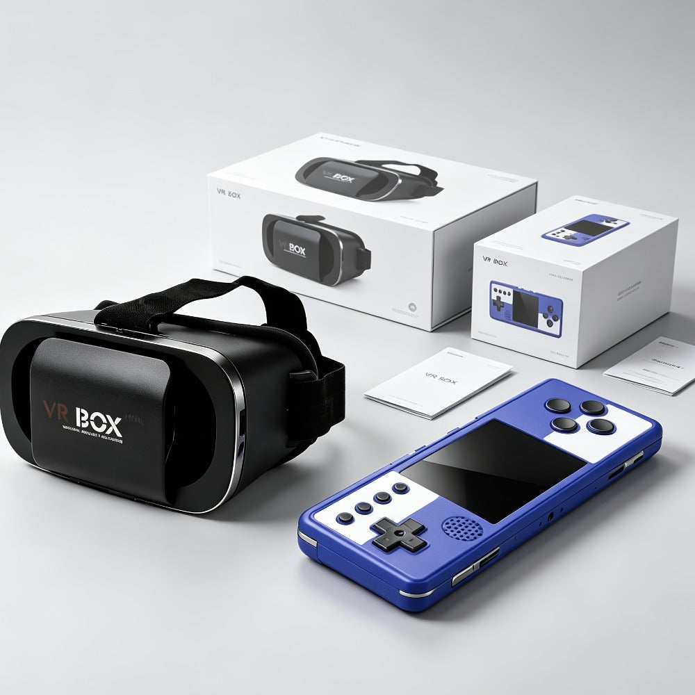 VR Headset & Retro Handheld Game Console Set, Mini 3D HD Virtual Reality Glasses with Portable Game Console