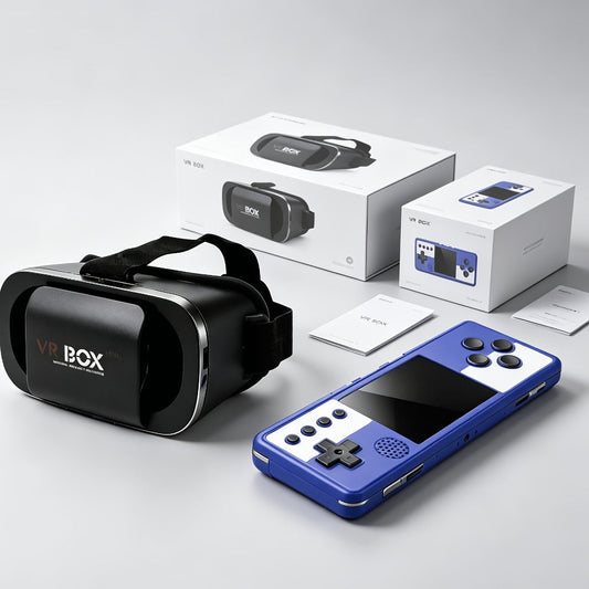 VR Headset & Retro Handheld Game Console Set – Mini 3D HD Virtual Reality Glasses with Portable Game Console, Immersive Gaming, Kids & Adults