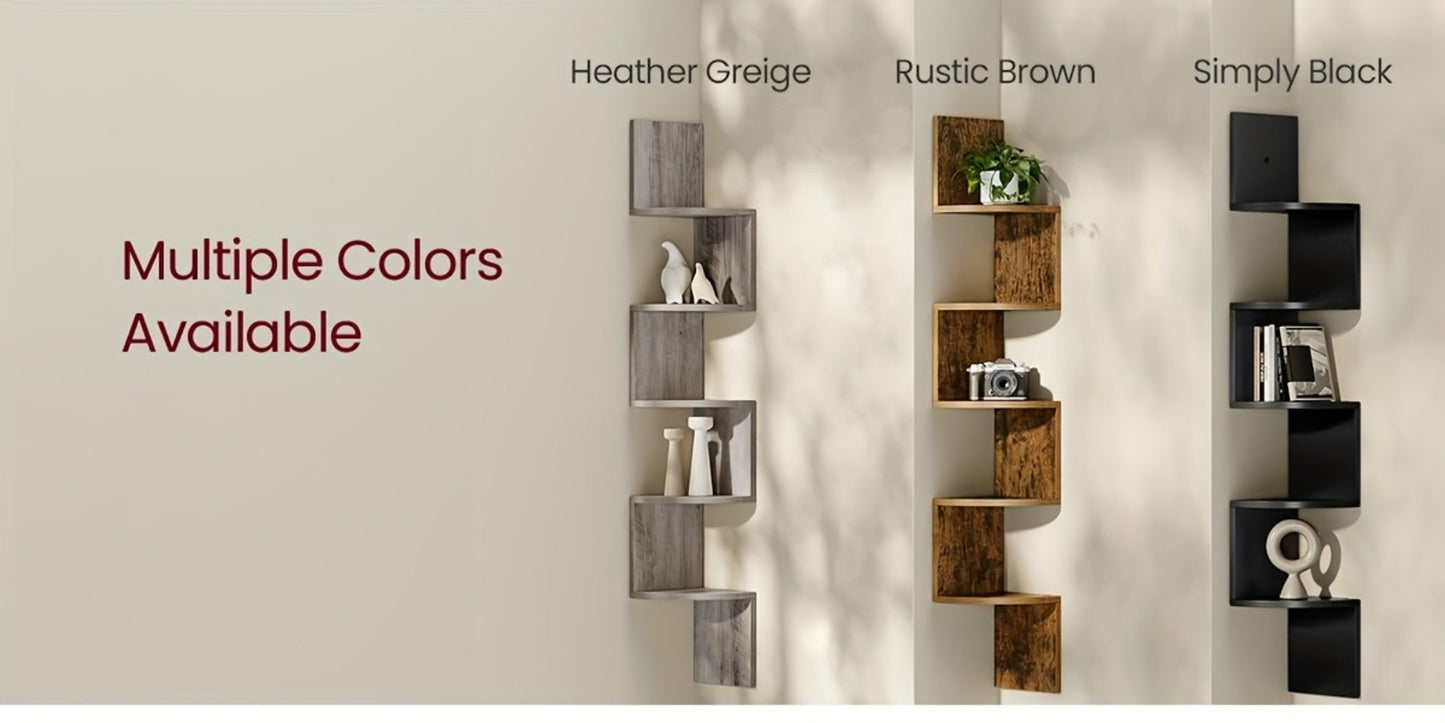 Corner Floating Shelf 5-Tier Wall Mount, Space Saving Storage Rack for Bedroom Living Room, Radial Display Organizer, Easy Install, 7.9"×7.9"×49.6", Black White Brown Greige Beige