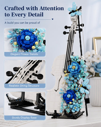 1419-Piece Flower Violin Building Block Model with Brick-Built Stand, Blue Blooms and Panel Detail
