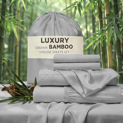 Bed Sheet Set 4-Piece Bamboo-Derived Rayon with Deep-Pocket Fitted Sheet in Twin, Full, Queen and King Sizes