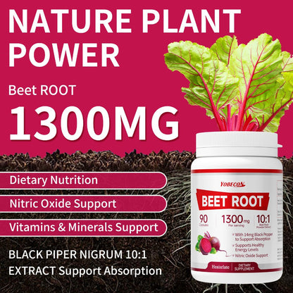 Dietary Supplement Beet Root 1300mg Vegetarian Capsules with One-, Two- or Three-Bottle Options