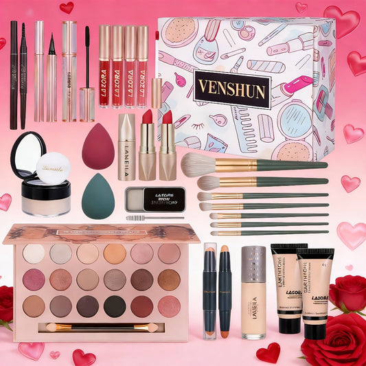 Full Face Makeup Gift Set for Women — Foundation, 18-Color Eyeshadow Palette, Coral Lipstick & Eyebrow Pencil, Complete Starter Kit, Holiday & Birthday Beauty Gift for Girls & Teens