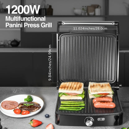 Panini Press Sandwich Maker 1200W – 4-Slice Non-Stick Grill with 180° Opening Adjustable Temperature 120–428°F & Removable Drip Tray | Electric Contact Grill for Sandwiches Steaks Burgers Indoor Use