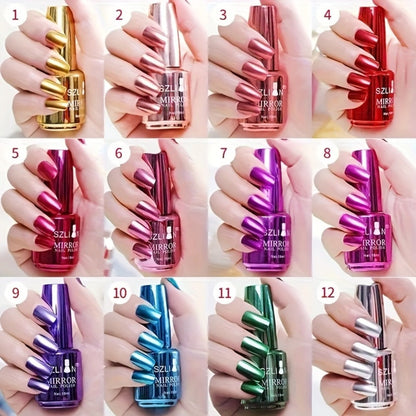 Chrome Nail Polish Set 12 Colors Mirror 3D Metallic Effect with Built-in Fine Brush — Long-Lasting Metal Paint for Salon & DIY Nail Art Design, Manicure Gift Set for Women & Girls
