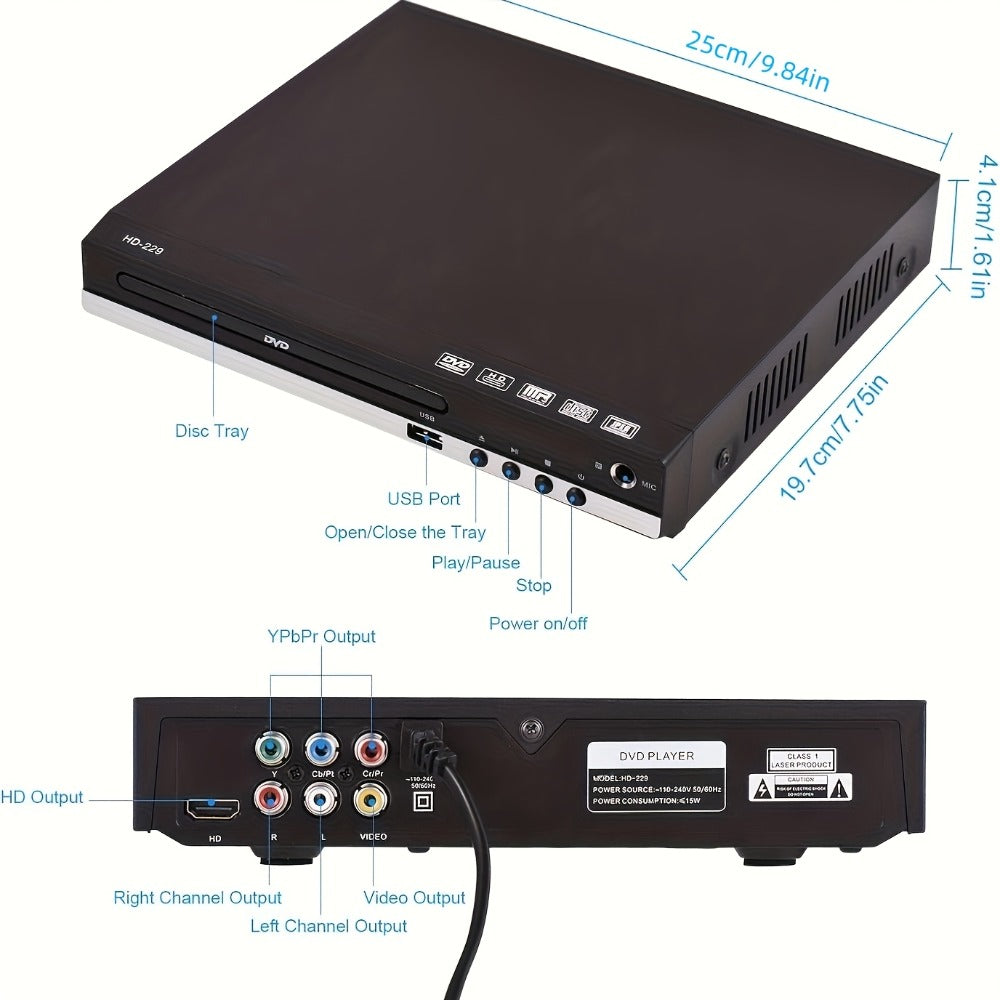 Black Karaoke DVD Player with Dual Microphone Inputs, USB Port, AV and HD Outputs, Remote Control and RCA Cable
