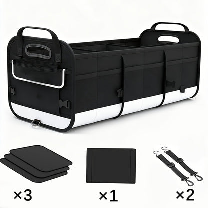 Car Trunk Organizer, 95L Foldable 4-Compartment Bin with Two Retractable Straps and Divider Set