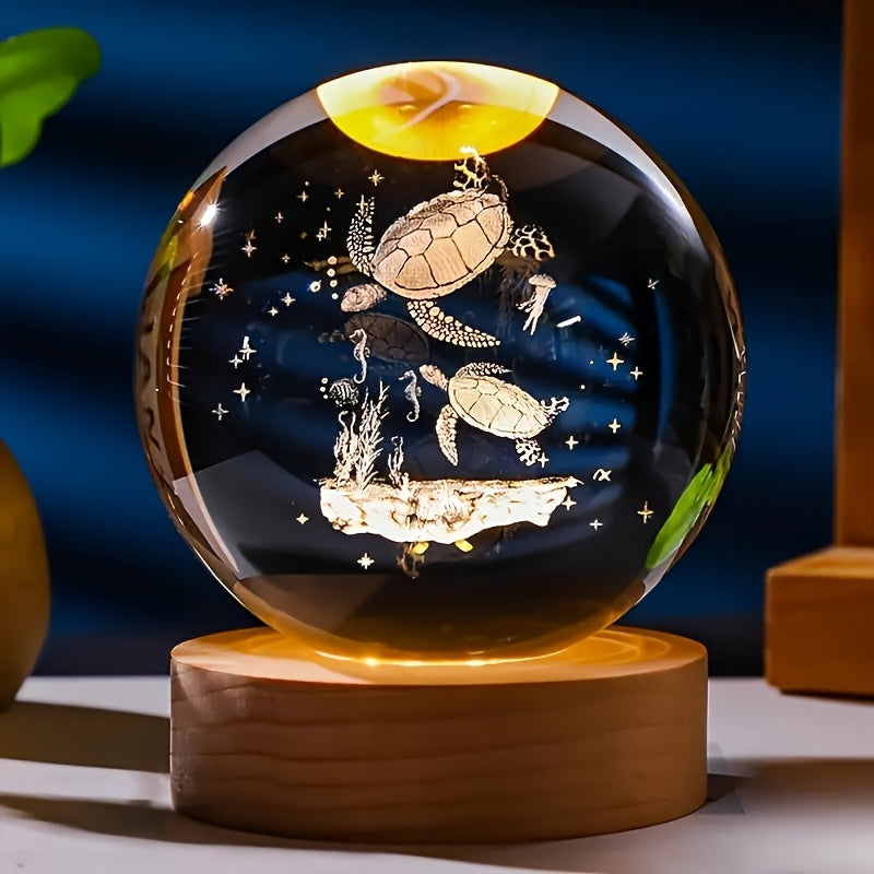 Night Light 2.36-Inch Sea Turtle Crystal Orb Lamp with Color-Changing LED and Wood-Tone Round Base