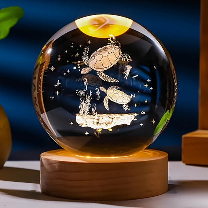 Night Light 2.36-Inch Sea Turtle Crystal Orb Lamp with Color-Changing LED and Wood-Tone Round Base