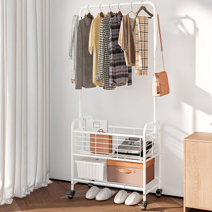 Rolling Laundry Basket Cart with 70.25-Inch Hanging Rail, Two Shelves, Four Casters and White, Black or Silver Frames