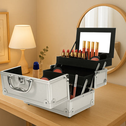Tabletop Makeup Carry Case with Mirror, Fold-Out Trays and Dividers in Black, Silver or Pink