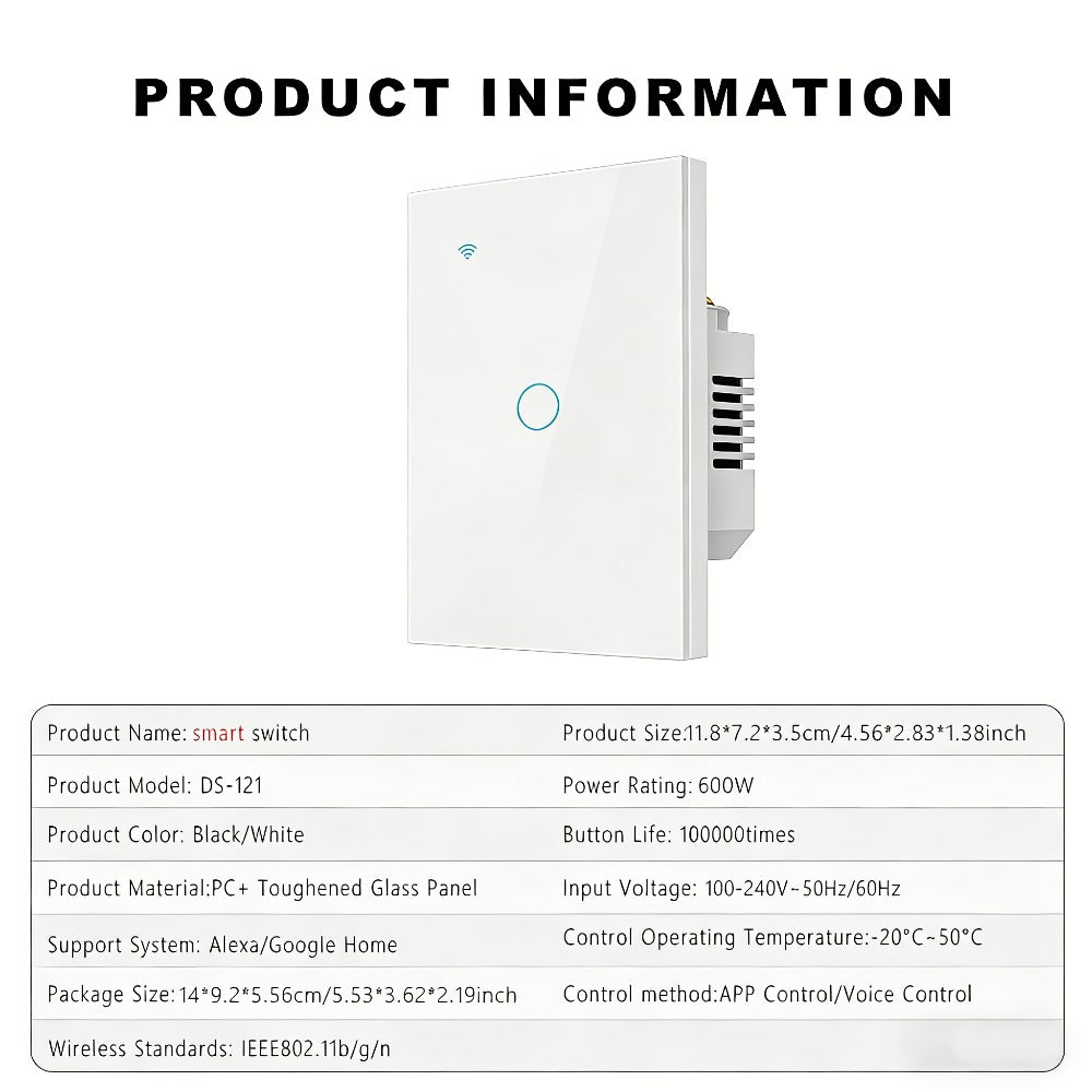 White Glass WiFi and Bluetooth Touch Wall Switch with One- to Four-Gang US-Style Options and Neutral-Wire Wiring