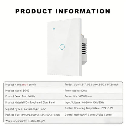 White Glass WiFi and Bluetooth Touch Wall Switch with One- to Four-Gang US-Style Options and Neutral-Wire Wiring