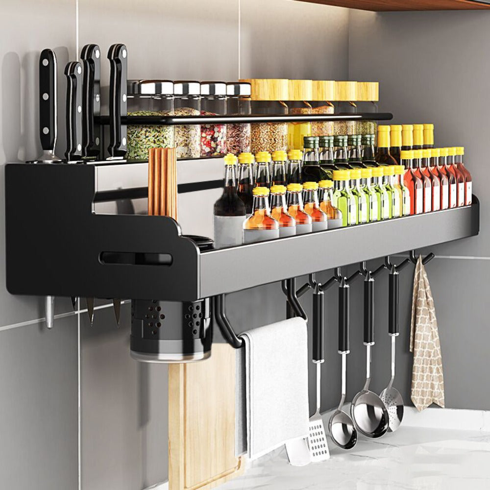 Kitchen Wall Mounted Storage Rack Double Layer – No-Drill Organizer with Knife Slots, Chopstick Holder & Towel Bar, Space-Saving Floating Shelf for Kitchen Counter, 19.69 Inch (Black)