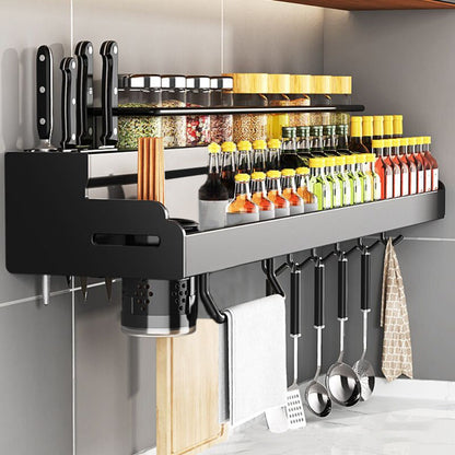 Kitchen Wall Mounted Storage Rack Double Layer – No-Drill Organizer with Knife Slots, Chopstick Holder & Towel Bar, Space-Saving Floating Shelf for Kitchen Counter, 19.69 Inch (Black)