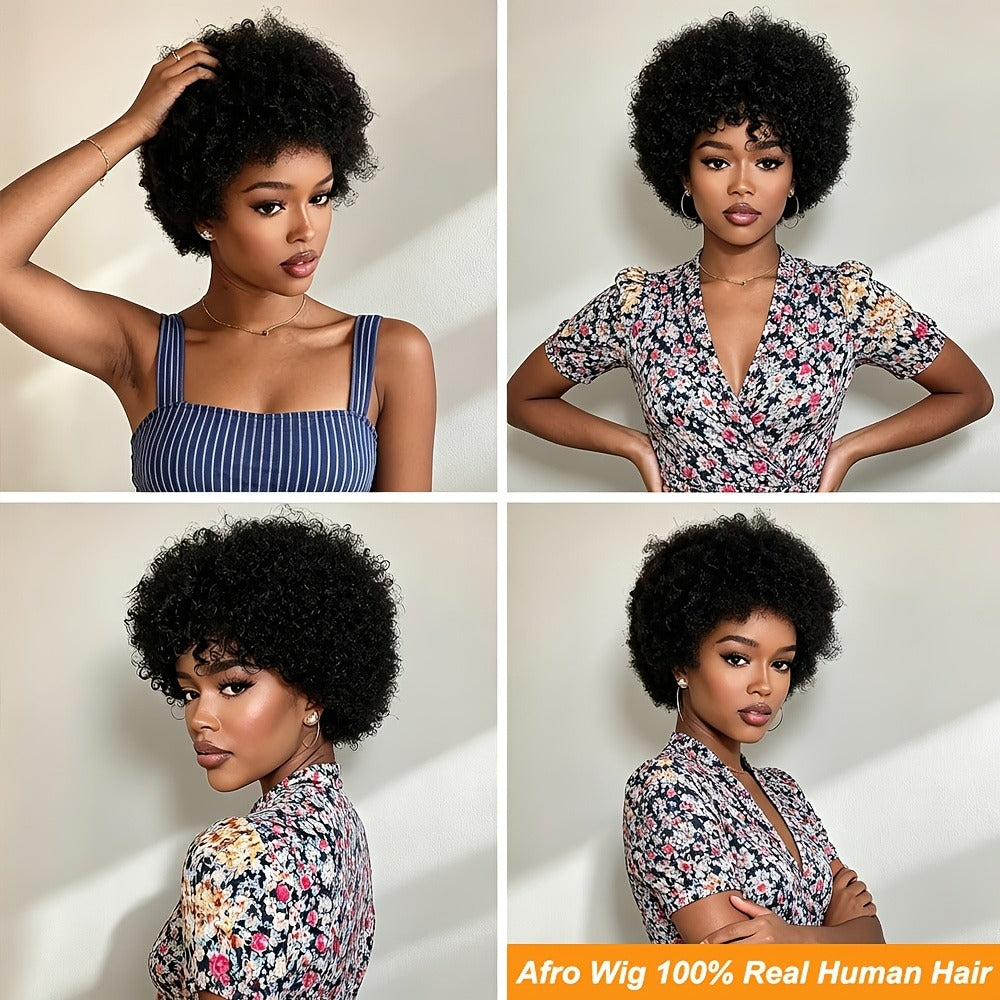 6-Inch Kinky Curly Afro Human Hair Wig with Glueless Cap and Deep Grey, Camel or Ginger Color