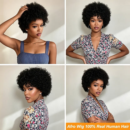 6-Inch Kinky Curly Afro Human Hair Wig with Glueless Cap and Deep Grey, Camel or Ginger Color