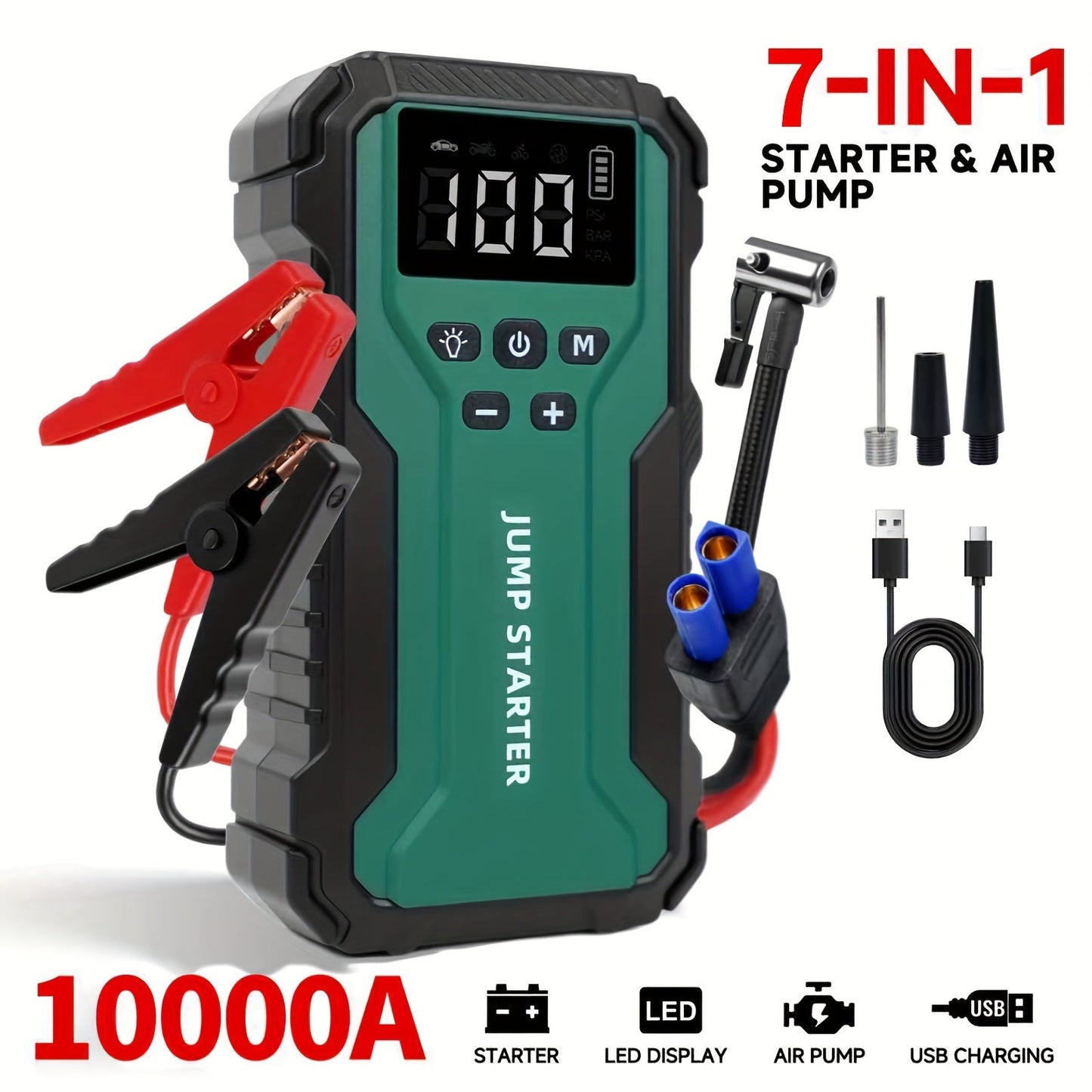 10000A Car Jump Starter with 12V Clamps, LED Light and Optional Integrated Air Pump in Red, Green or Gray