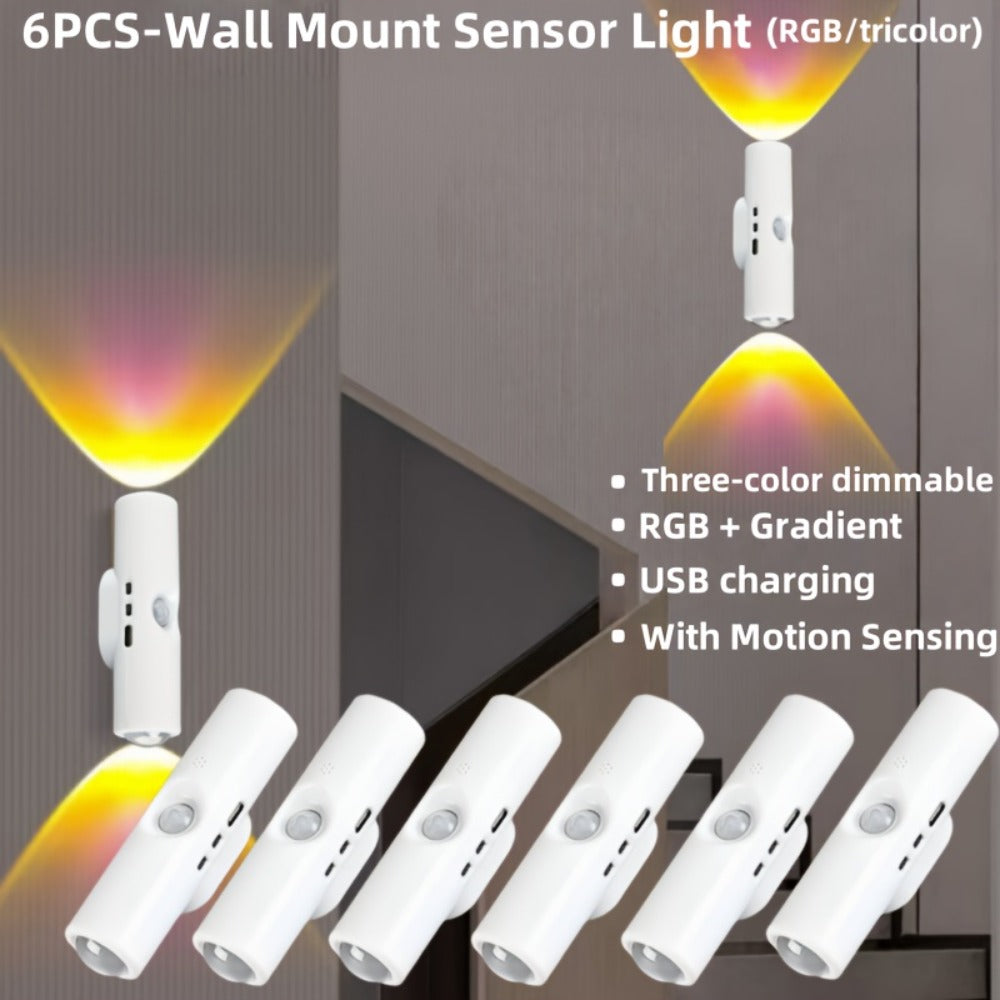 Cat Eye LED Wall Light Motion Sensor – 6 Pack USB Rechargeable Night Lamp, 3 Color Settings, Wireless Auto Sensing No Wiring for Bedroom Stairs Closet Bathroom Hallway (RGB / Three Colors)
