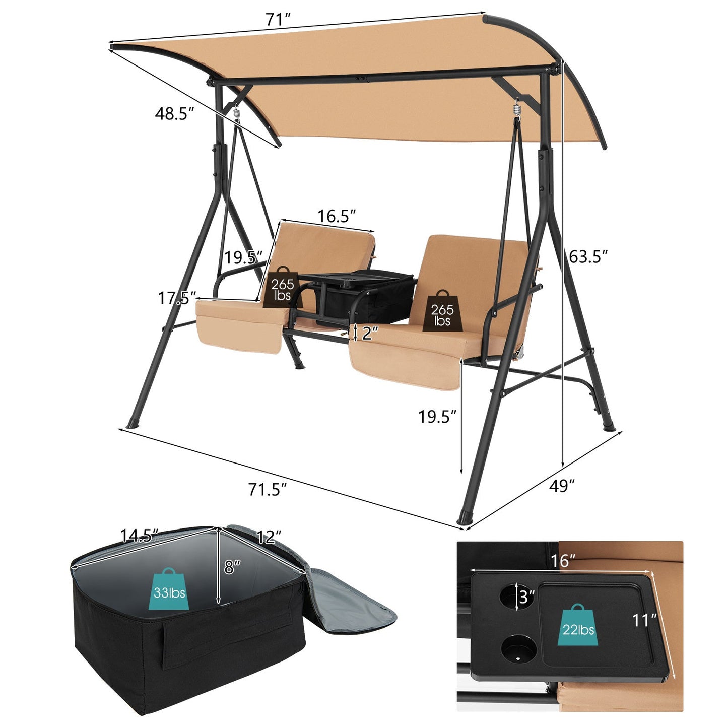 Two-Person Patio Canopy Swing with Cooler Bag, Rotating Tray and Cushions in Beige or Turquoise