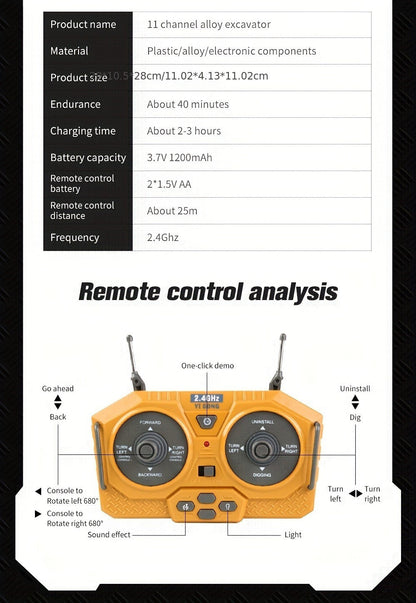 RC Bulldozer 1:24 Scale Alloy with 680° Rotation & Working Arm, 2.4GHz Remote Control Construction Vehicle for Kids