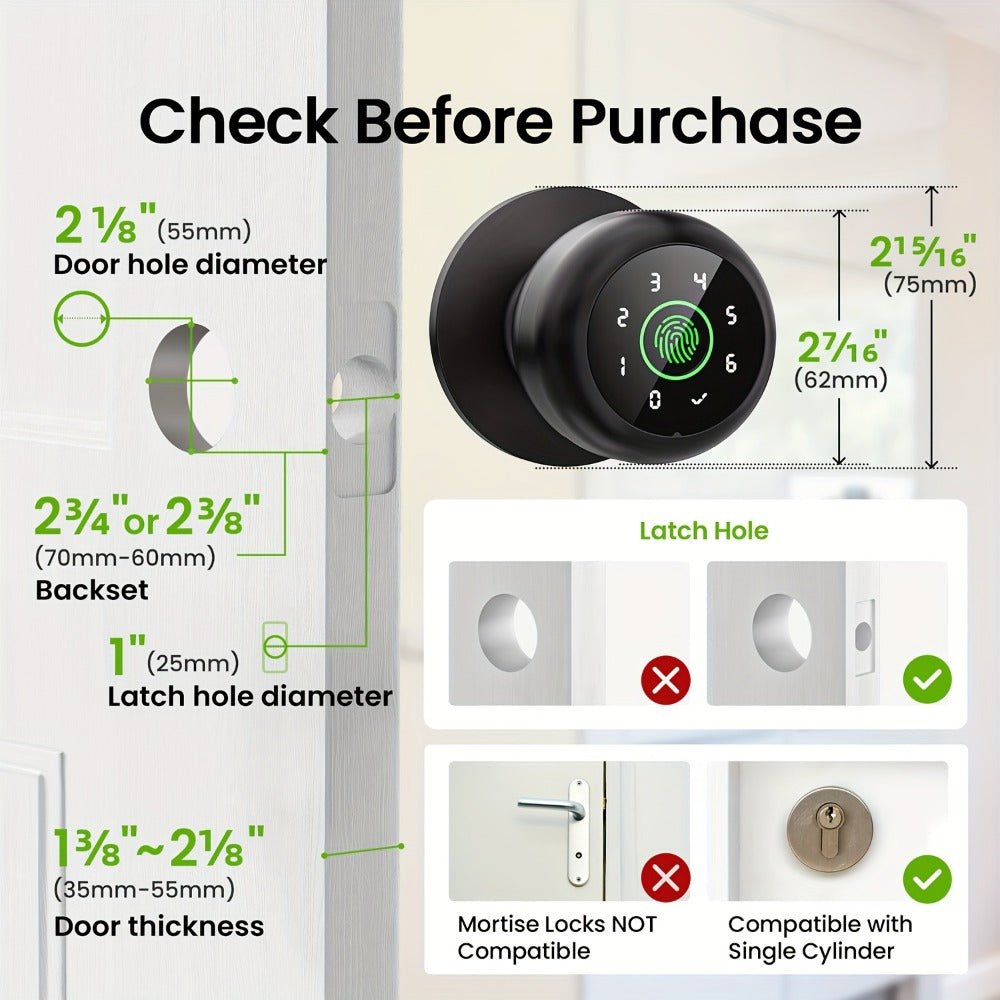 GHome Smart Lock Knob with Fingerprint & Keypad - USB-C Rechargeable, App-Controlled Keyless Entry, Auto-Lock, Passage & Privacy Mode, K10 / K10 PRO / K20 / KD03 PRO, for Home Bedroom Office