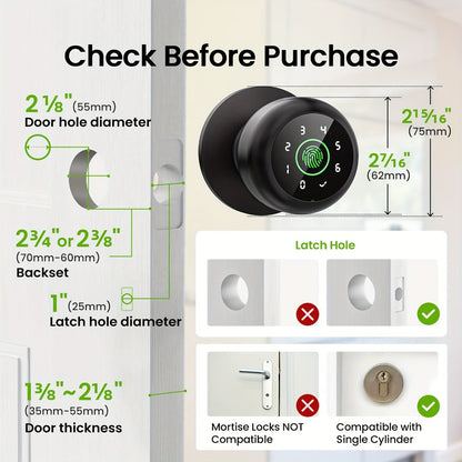 GHome Smart Lock Knob with Fingerprint & Keypad - USB-C Rechargeable, App-Controlled Keyless Entry, Auto-Lock, Passage & Privacy Mode, K10 / K10 PRO / K20 / KD03 PRO, for Home Bedroom Office