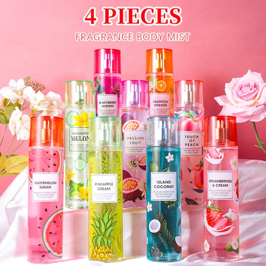 Body Spray for Women 4-Pack 8.4oz Each Hair Body Fragrance Mist Set 20 Floral Fruity Scents Long Lasting Daily Use Gift Value Bundle 250ml Per Bottle