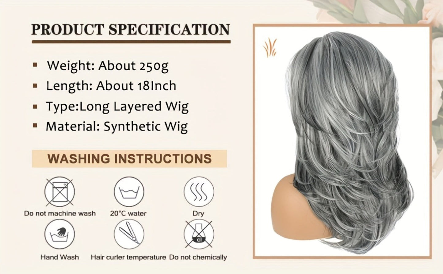 Synthetic Wig 18-Inch Layered Silvery Waves with Highlights in Two Colors and Rose Net Cap