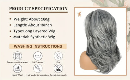 Synthetic Wig 18-Inch Layered Silvery Waves with Highlights in Two Colors and Rose Net Cap